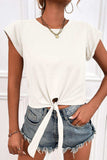 Tied Round Neck Crop Tee - Trendsi - Flyclothing LLC