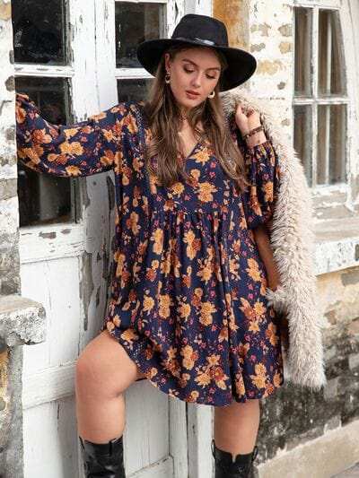 Plus Size Floral V-Neck Balloon Sleeve Dress - Trendsi - Flyclothing LLC