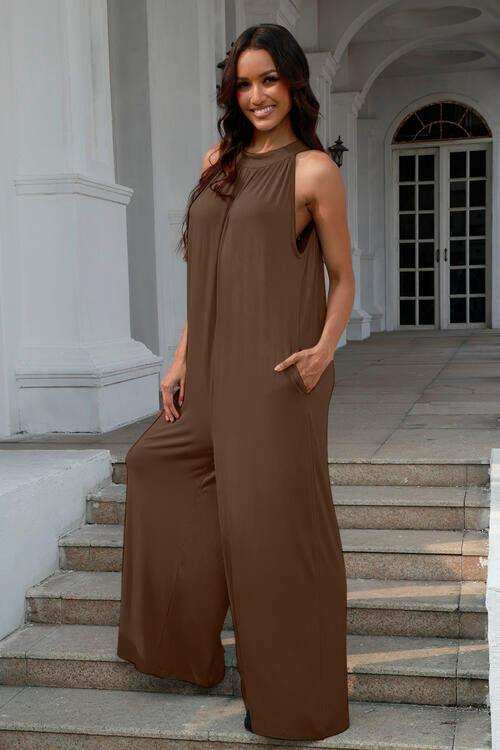 Double Take Full Size Tie Back Cutout Sleeveless Jumpsuit - Trendsi - Flyclothing LLC