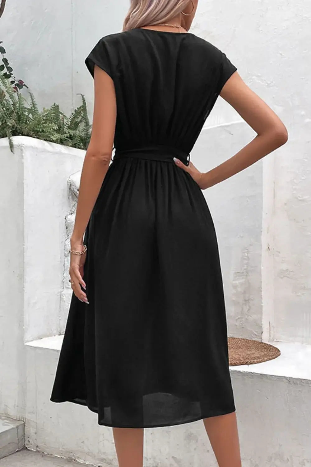 Tie Belt V-Neck Pleated Dress - Trendsi - Flyclothing LLC