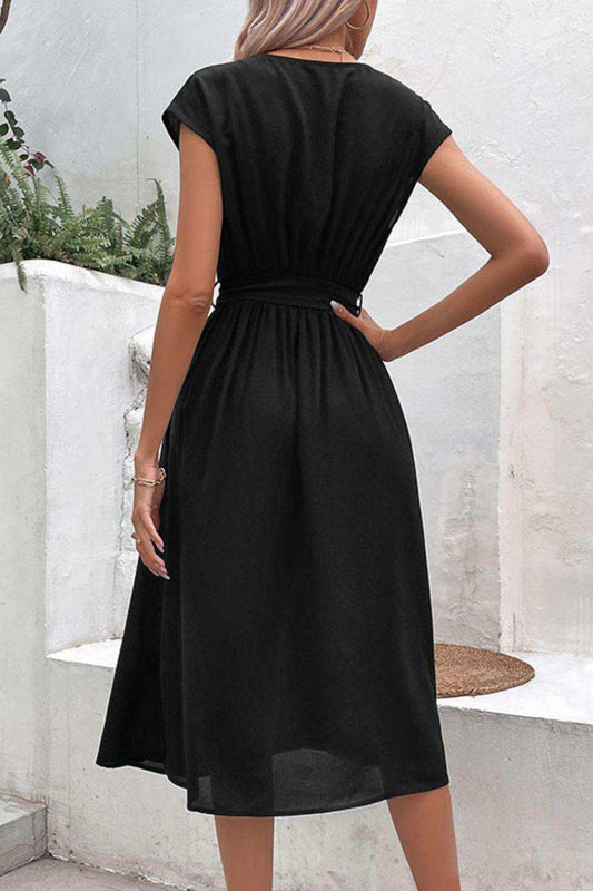Tie Belt V-Neck Pleated Dress - Trendsi - Flyclothing LLC
