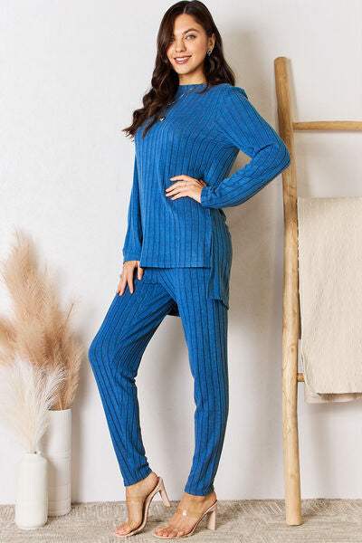 Basic Bae Full Size Ribbed Round Neck High-Low Slit Top and Pants Set - Trendsi - Flyclothing LLC