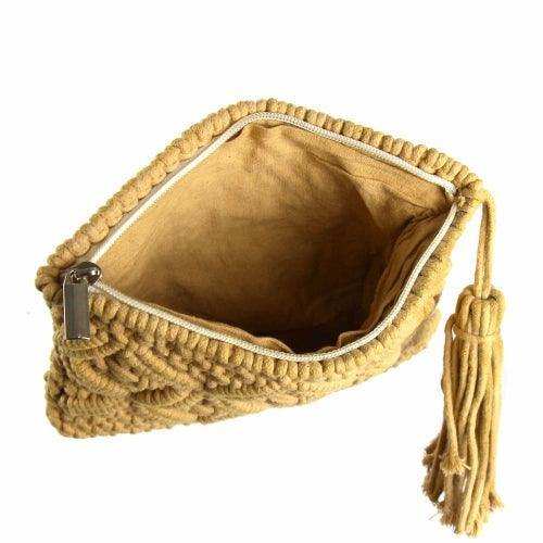 Macrame Clutch with Tassel, Tan - Beaurer Creations - Flyclothing LLC