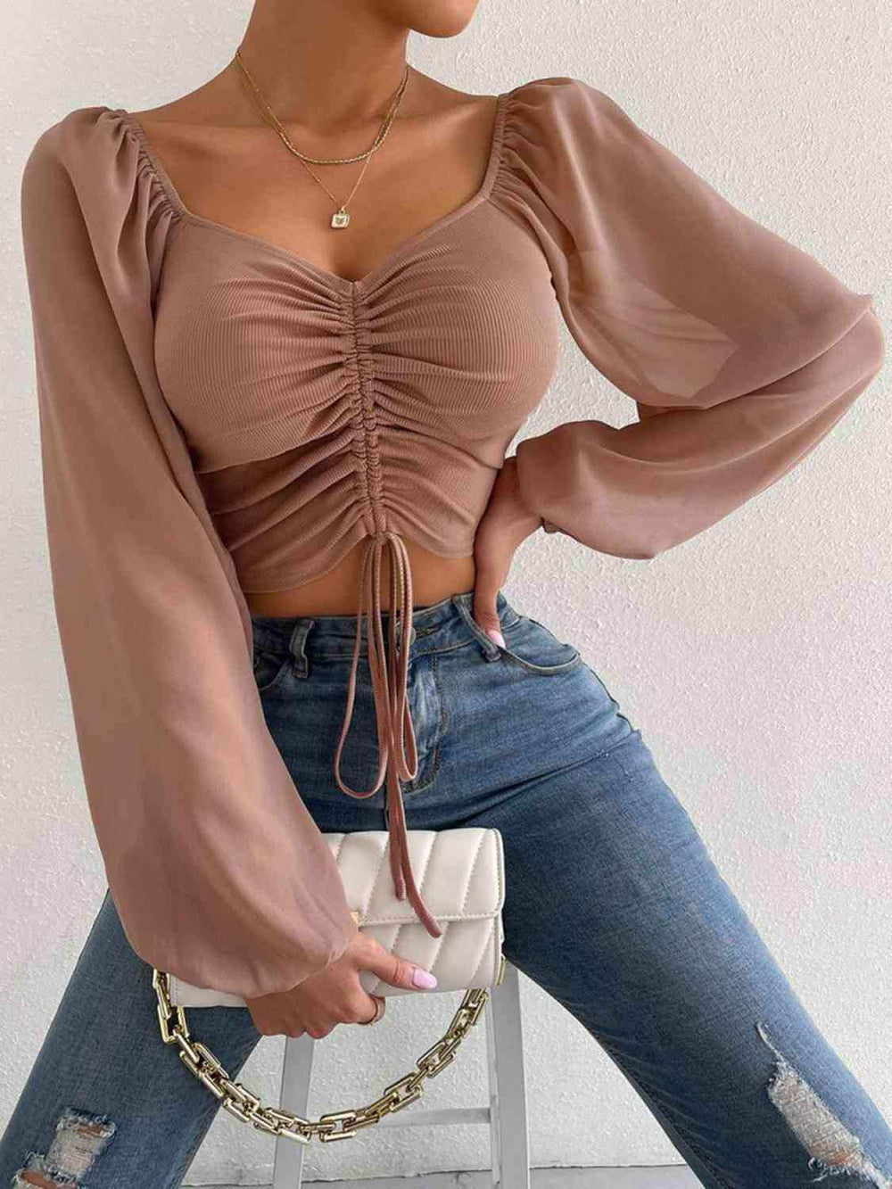 Drawstring Sweetheart Neck Cropped Top - Trendsi - Flyclothing LLC