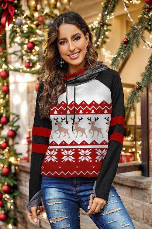 Double Take Full Size Christmas Drawstring Long Sleeve Hoodie - Trendsi - Flyclothing LLC
