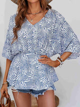 Printed V-Neck Dolman Sleeve Blouse - Trendsi - Flyclothing LLC