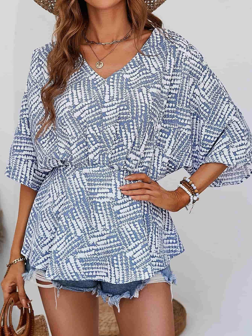 Printed V-Neck Dolman Sleeve Blouse - Trendsi - Flyclothing LLC