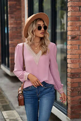 V-Neck Lace Detail Long Sleeve Top - Trendsi - Flyclothing LLC