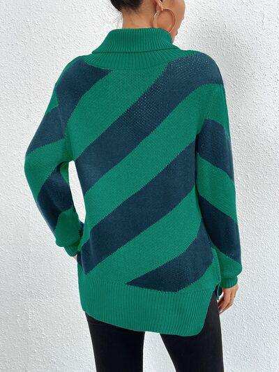 Striped Turtleneck Dropped Shoulder Sweater - Trendsi - Flyclothing LLC