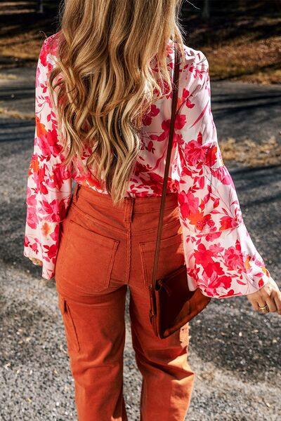 Floral Flare Sleeve Button Up V-Neck Bodysuit - Trendsi