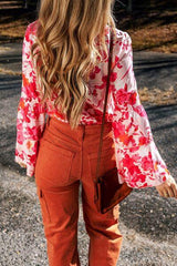 Floral Flare Sleeve Button Up V-Neck Bodysuit - Trendsi