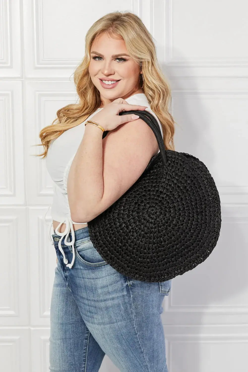Justin Taylor Beach Date Straw Rattan Handbag in Black - Trendsi - Flyclothing LLC