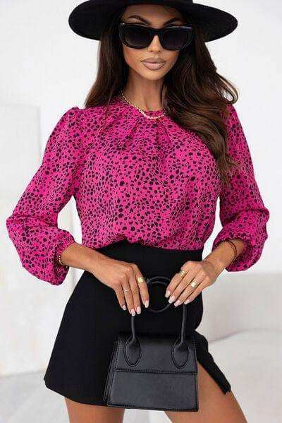 Leopard Round Neck Balloon Sleeve Blouse - Trendsi - Flyclothing LLC