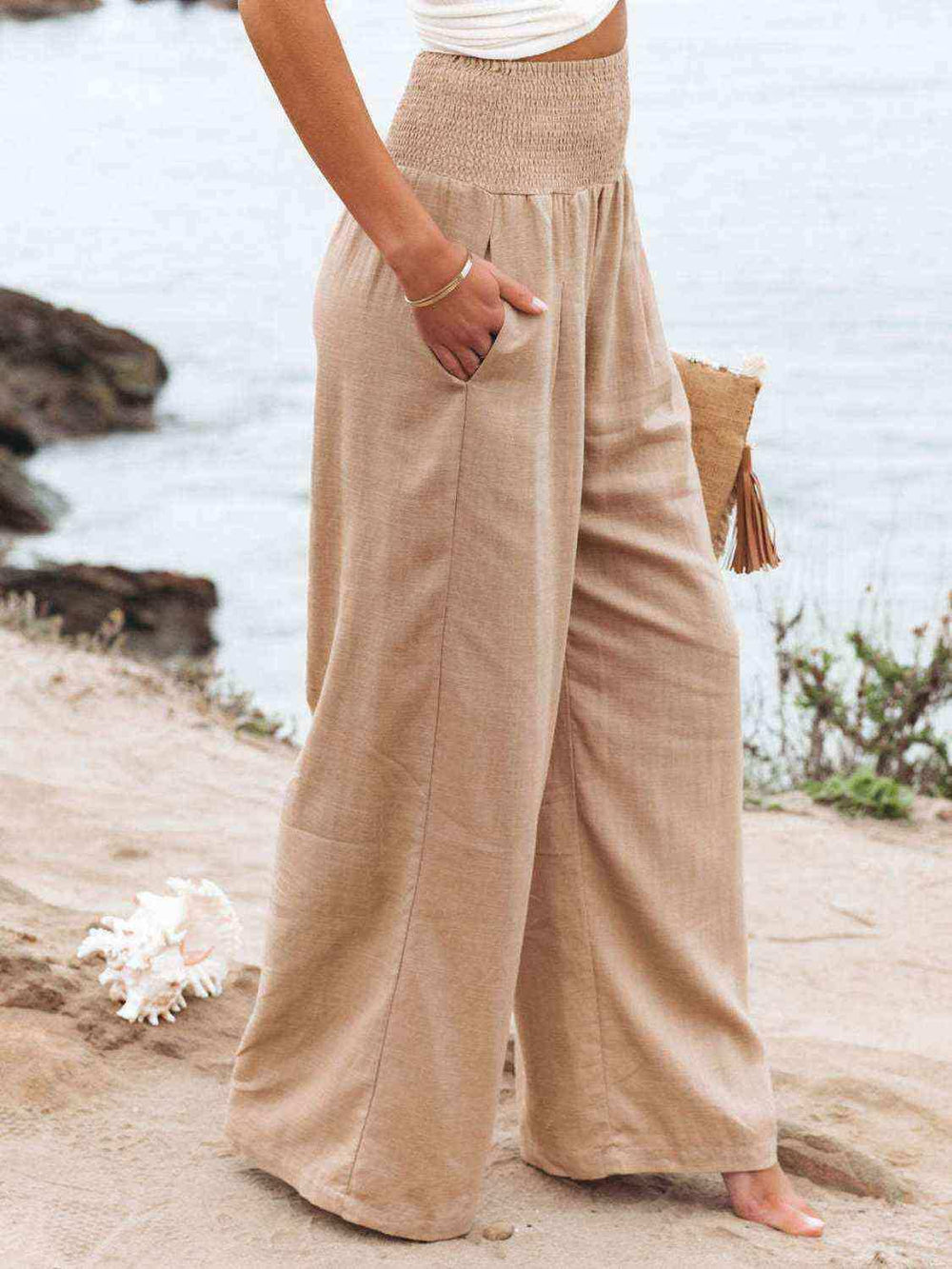 Full Size Smocked Waist Wide Leg Pants - Trendsi - Flyclothing LLC