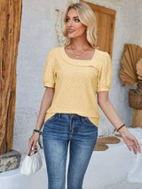 Eyelet Asymmetrical Neck Short Sleeve T-Shirt - Trendsi - Flyclothing LLC