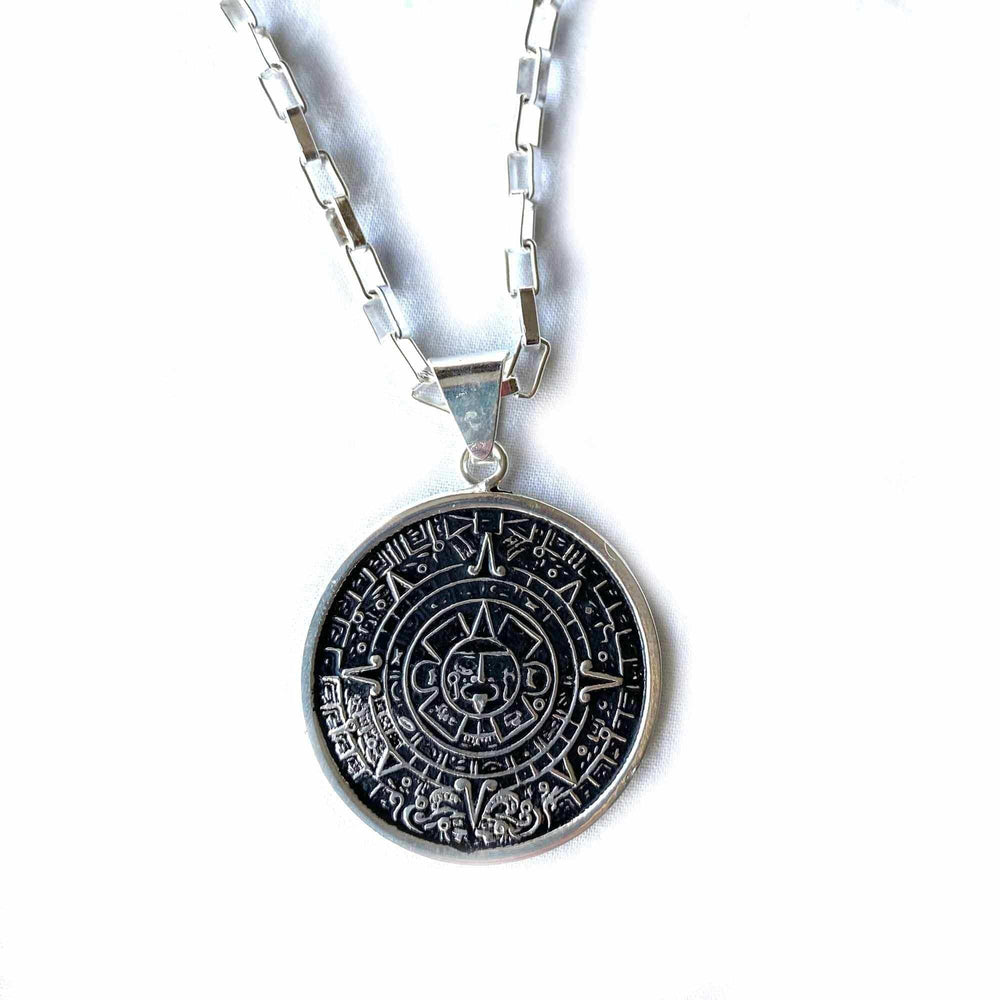 Alpaca Silver Aztec Calendar Pendant with Chain - Artisana - Flyclothing LLC