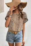 Printed Pom Pom Detail Petal Sleeve Round Neck Blouse - Trendsi