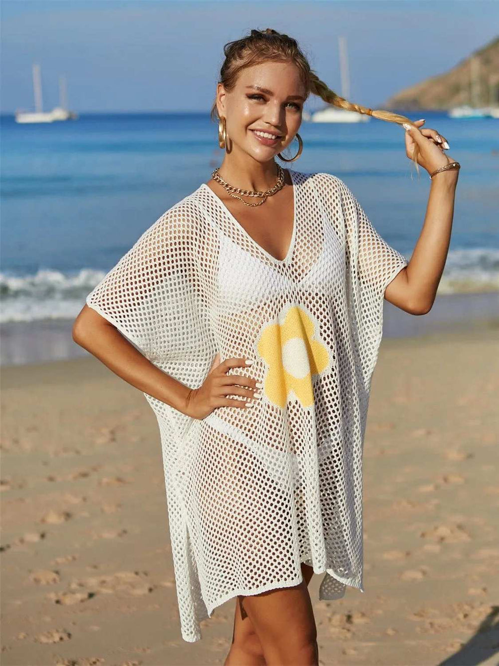 Openwork Flower V-Neck Short Sleeve Cover Up - Trendsi - Flyclothing LLC