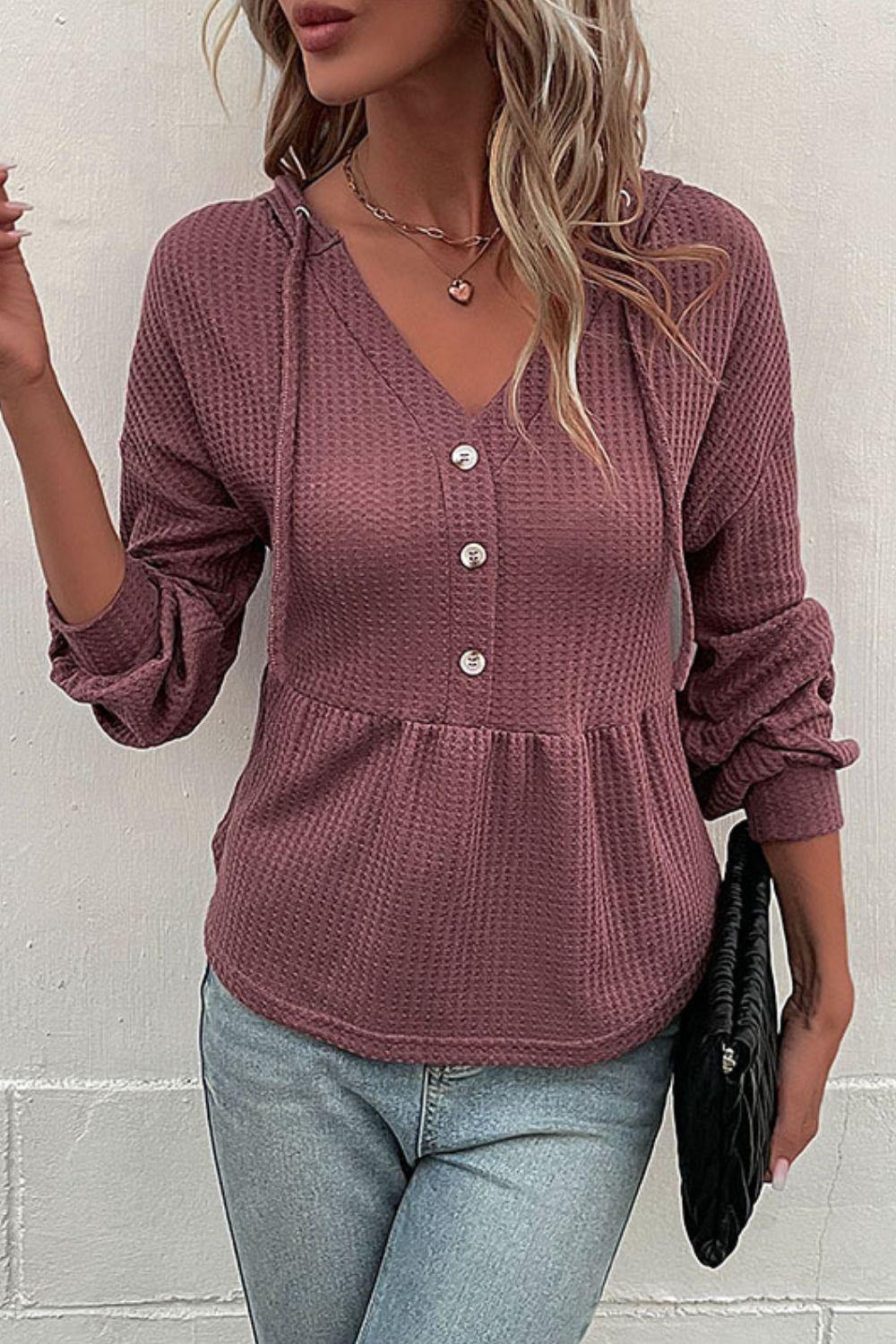 Waffle-Knit Buttoned Drop Shoulder Hoodie - Flyclothing LLC