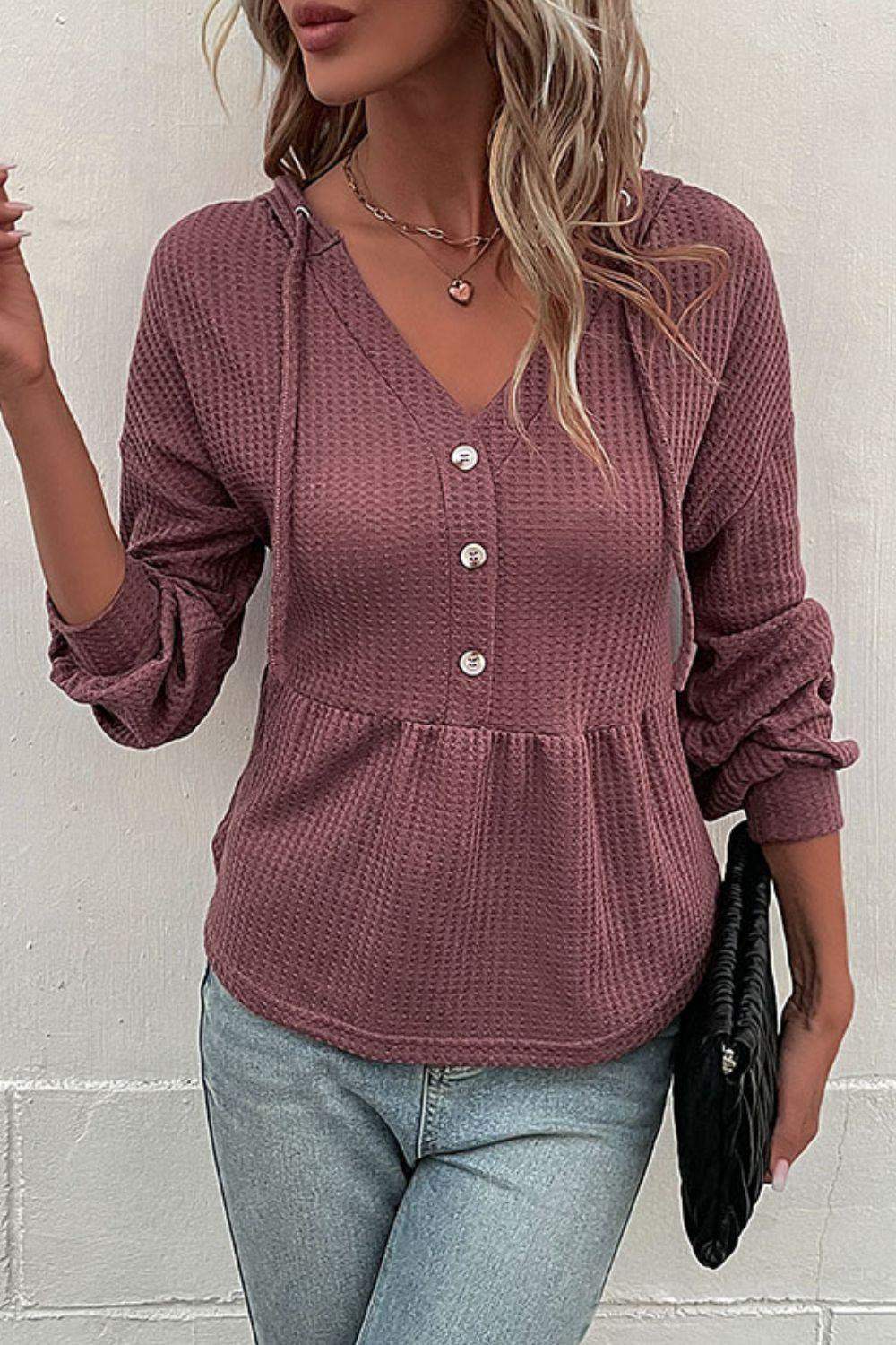 Waffle-Knit Buttoned Drop Shoulder Hoodie - Trendsi - Flyclothing LLC