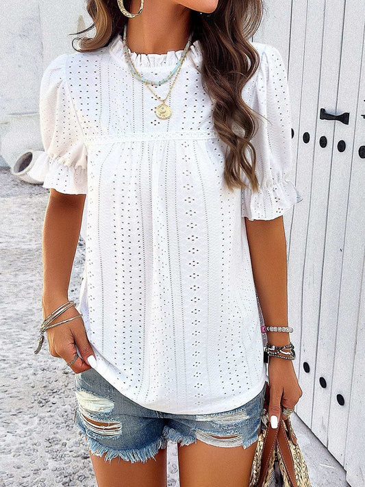 Eyelet Mock Neck Flounce Sleeve Blouse - Trendsi - Flyclothing LLC