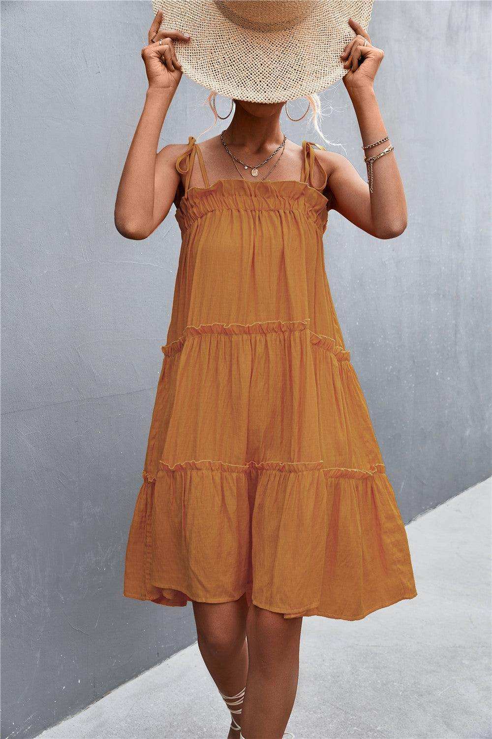 Tie-Shoulder Frill Trim Sleeveless Dress - Trendsi - Flyclothing LLC