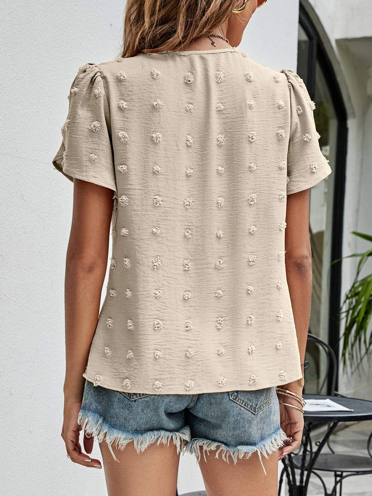 Swiss Dot Round Neck Petal Sleeve Top - Trendsi - Flyclothing LLC