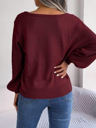 Cable-Knit Square Neck Long Sleeve Sweater - Trendsi