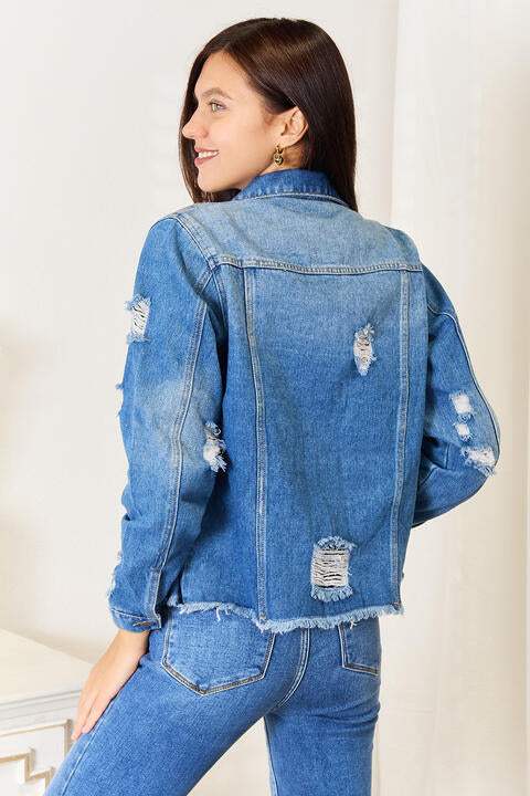 Baeful Leopard Floral Distressed Raw Hem Denim Jacket - Trendsi - Flyclothing LLC