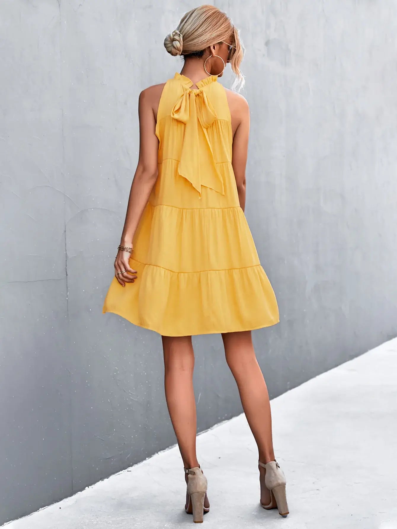 Tie Back Mock Neck Tiered Dress - Trendsi - Flyclothing LLC