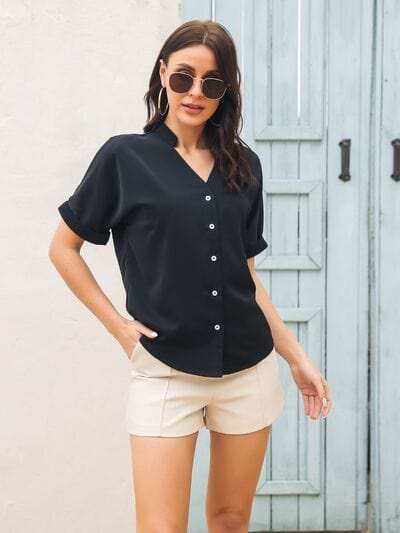 Notched Button Up Short Sleeve Shirt - Trendsi - Flyclothing LLC