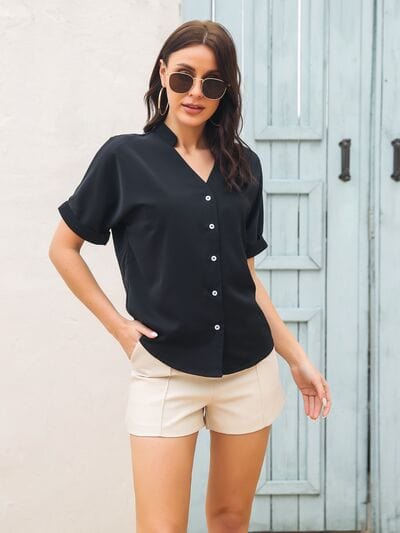 Notched Button Up Short Sleeve Shirt - Trendsi