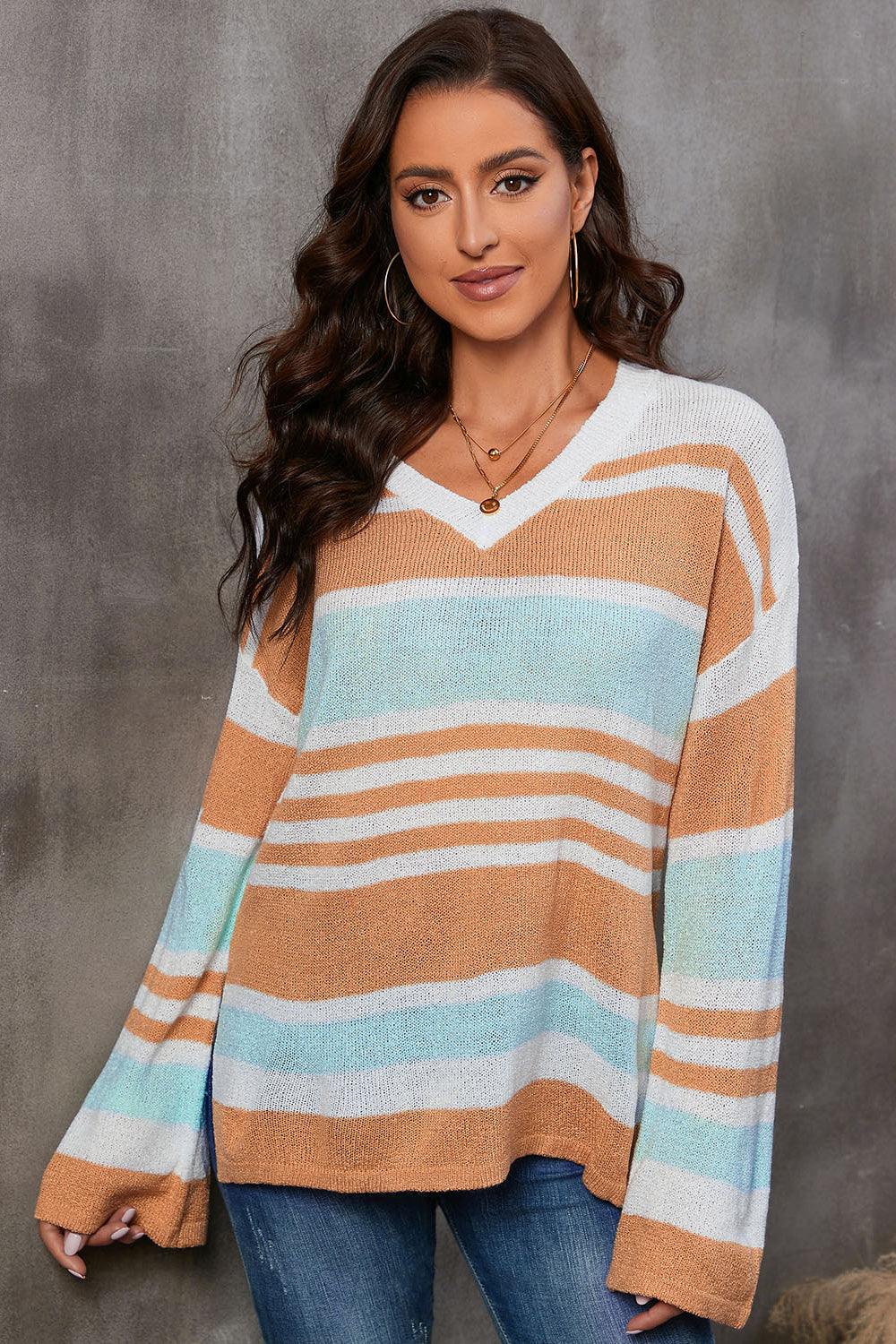 Striped V-Neck Knit Top - Trendsi