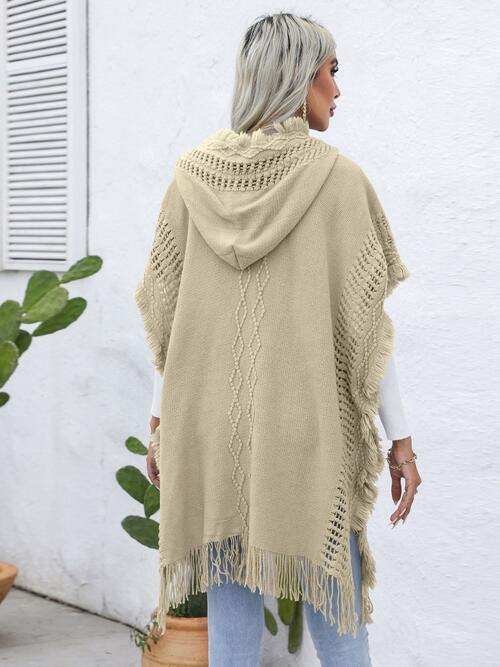 Fringe Trim Buttoned Hooded Poncho - Trendsi - Flyclothing LLC