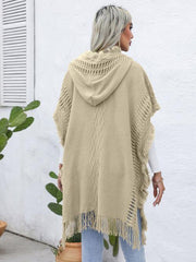 Fringe Trim Buttoned Hooded Poncho - Trendsi