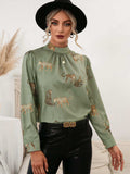Leopard Graphic Mock Neck Puff Sleeve Blouse - Trendsi - Flyclothing LLC