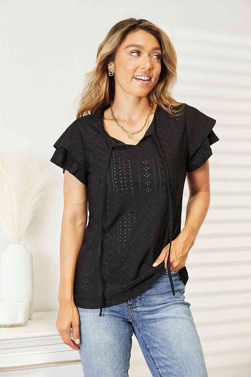Double Take Eyelet Tie-Neck Flutter Sleeve Blouse - Trendsi - Flyclothing LLC