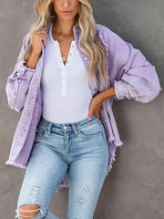 Button Down Raw Hem Denim Jacket - Trendsi