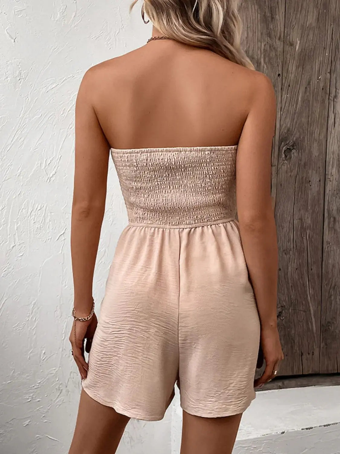 Decorative Button Smocked Strapless Romper - Trendsi - Flyclothing LLC
