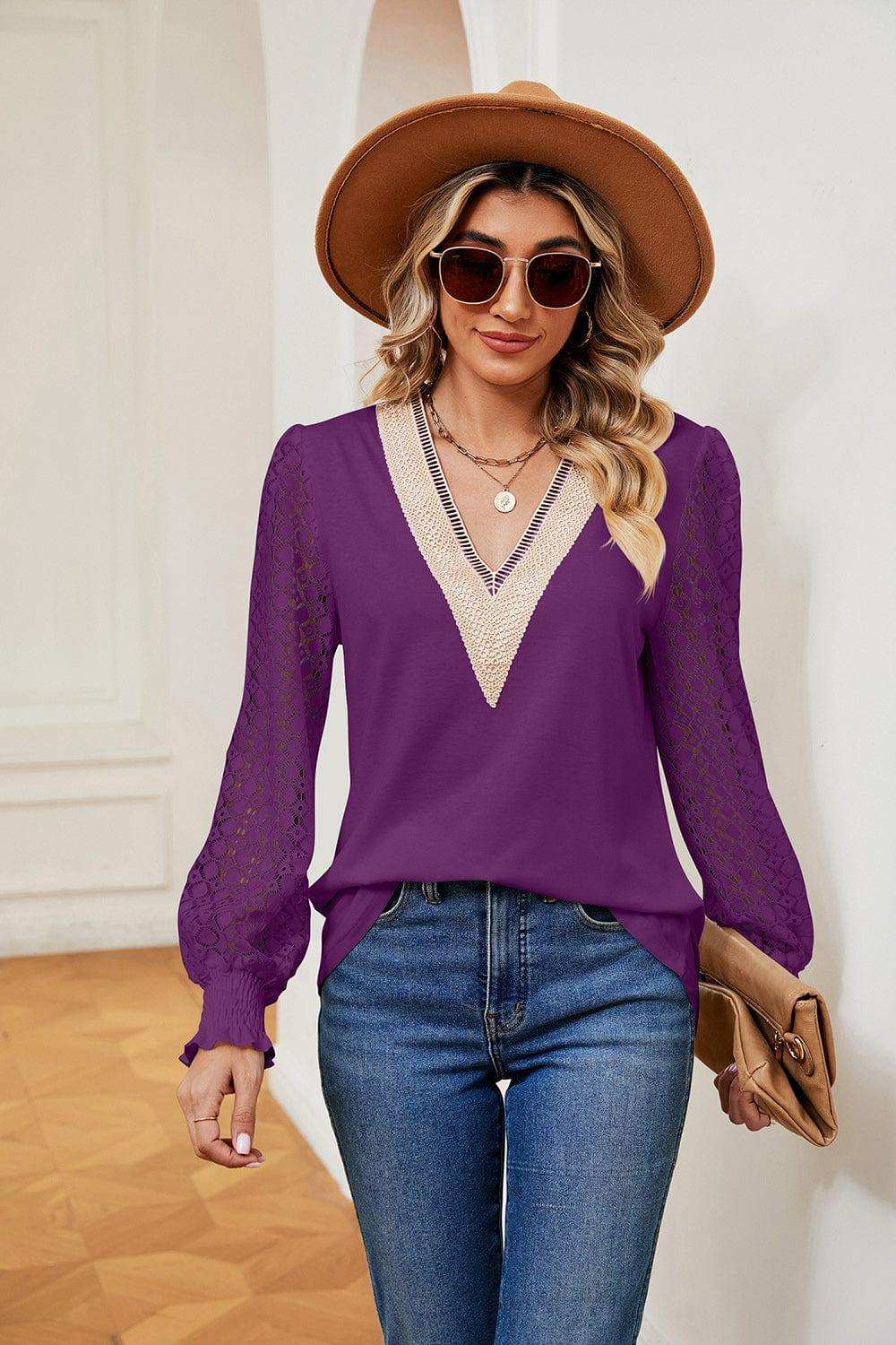 Contrast V-Neck Long Sleeve Blouse - Trendsi - Flyclothing LLC