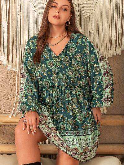 Plus Size V-Neck Balloon Sleeve Printed Mini Dress - Trendsi - Flyclothing LLC
