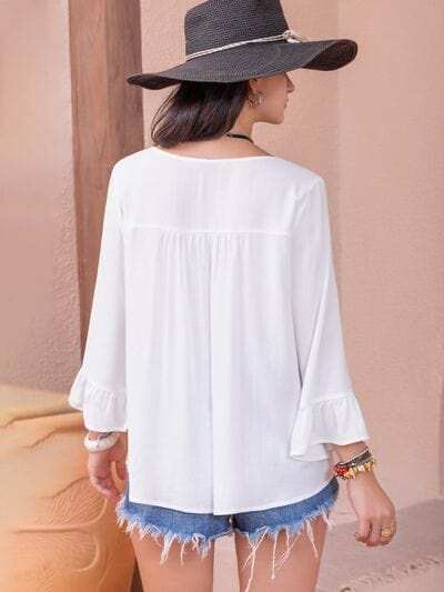 Cutout V-Neck Flounce Sleeve Blouse - Trendsi - Flyclothing LLC