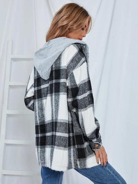 Plaid Hooded Jacket with Pockets - Trendsi