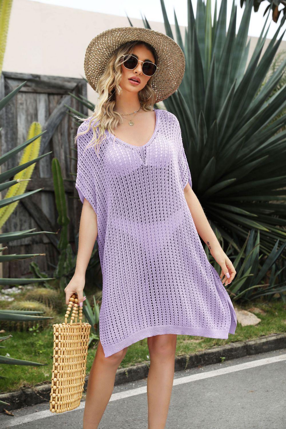 Openwork Side Slit Cover-Up Dress - Trendsi