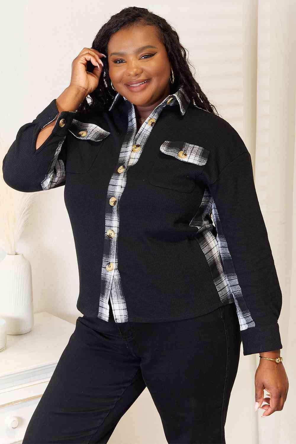 Double Take Plaid Collared Dropped Shoulder Jacket - Trendsi - Flyclothing LLC