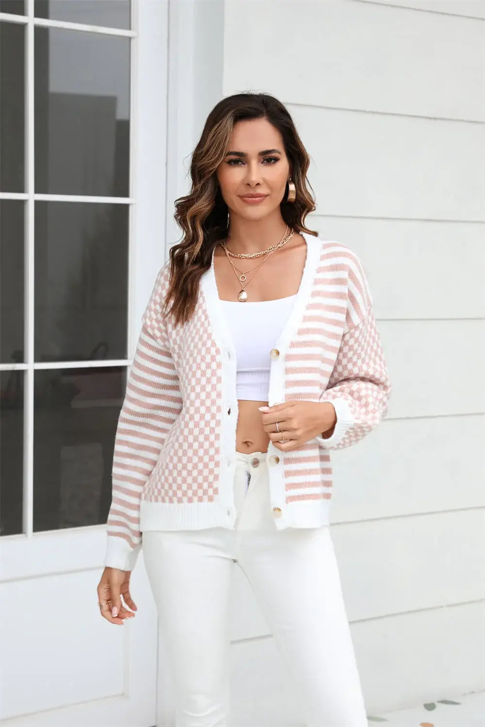 Button-Down Stripe & Plaid Contrast Pattern Cardigan - Trendsi - Flyclothing LLC