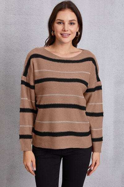 Striped Round Neck Dropped Shoulder Sweater - Trendsi - Flyclothing LLC