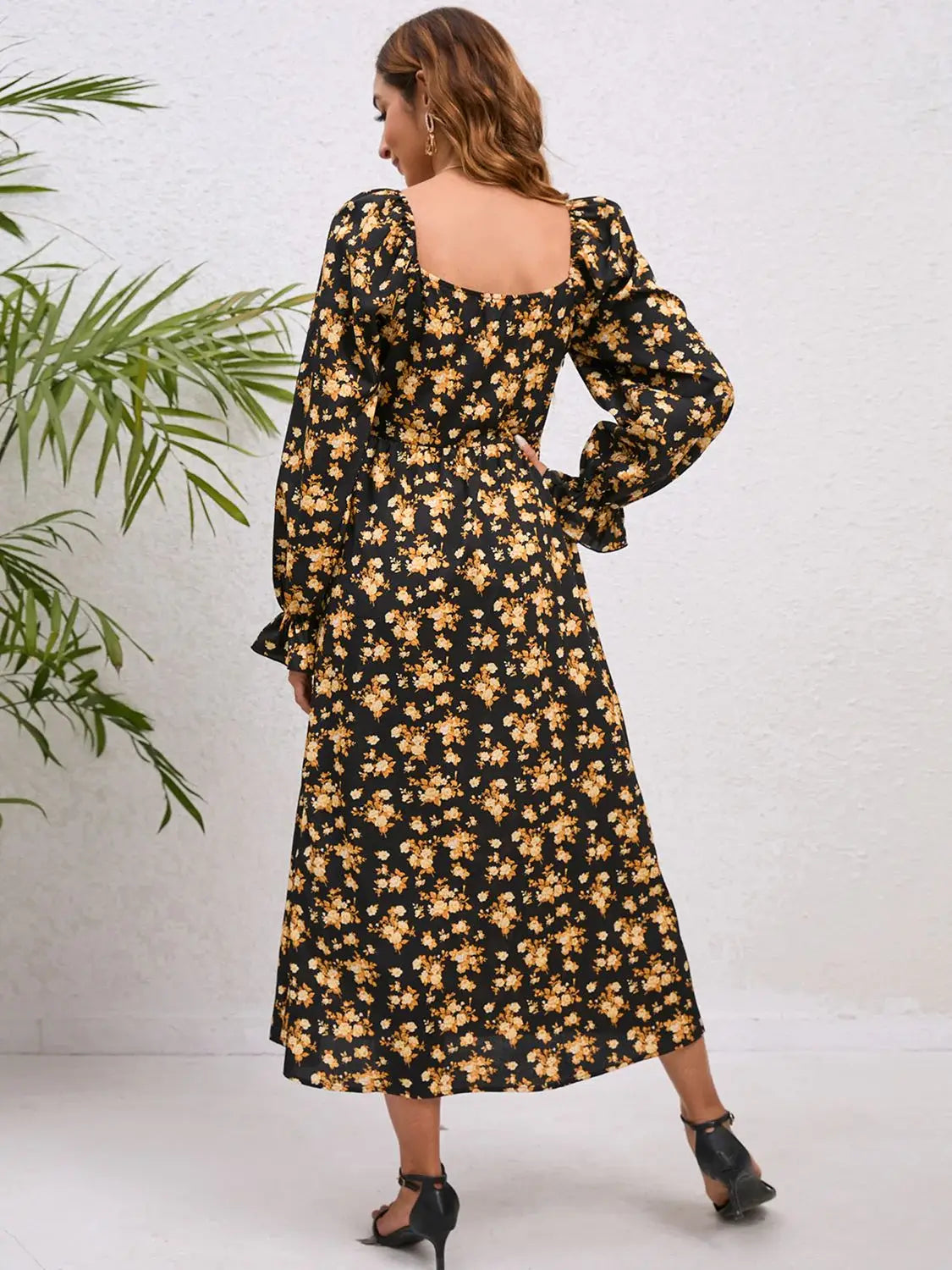 Flounce Sleeve Slit Midi Dress - Trendsi - Flyclothing LLC