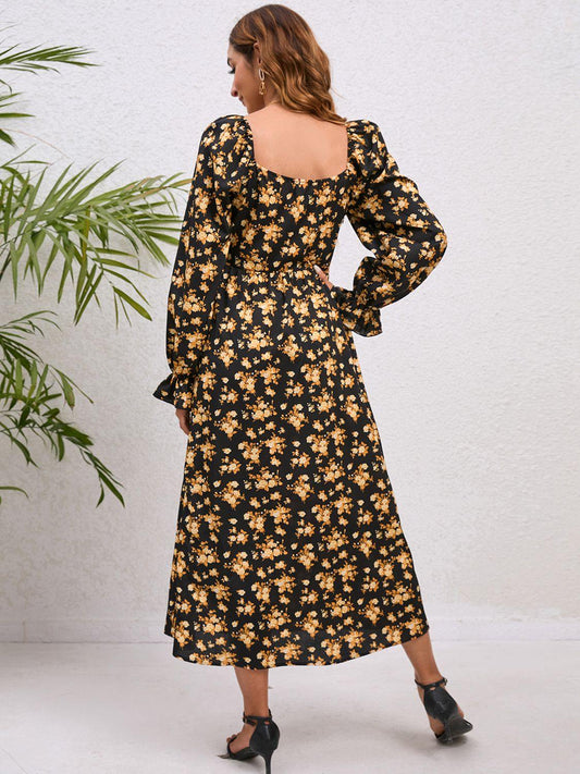 Flounce Sleeve Slit Midi Dress - Trendsi