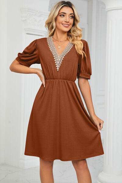 V-Neck Puff Sleeve Dress - Trendsi - Flyclothing LLC